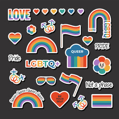 Fototapeta premium Set of LGBTQ sticker with rainbow flag elements, gender signs, pride month symbols, slogan and phrases. Gay parade celebration. Vector illustration