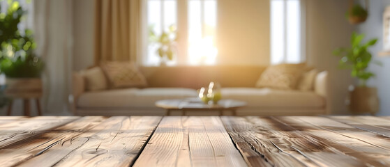 Cozy sunlit living room in the background with a focus on wooden table texture in front