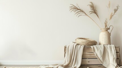 Rabbit tail grass in beautiful tan vase wooden storage box neutral beige blanket against white wall Aesthetic minimal hygge interior design concept : Generative AI