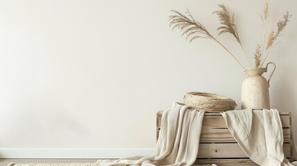 Fototapeta premium Rabbit tail grass in beautiful tan vase wooden storage box neutral beige blanket against white wall Aesthetic minimal hygge interior design concept : Generative AI