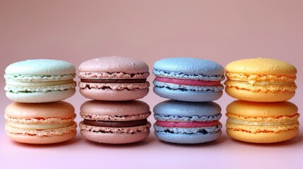 Fototapeta premium Assorted colorful macarons set on mint green background, sweet almond meringue cookies for sale