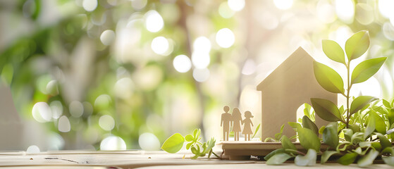 A conceptual image exhibiting wooden silhouettes of a family next to a wooden house among green foliage