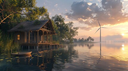 Fototapeta premium Bamboo house by serene lake, wind turbine in background, reflection on water, midshot, golden hour, natureinspired design