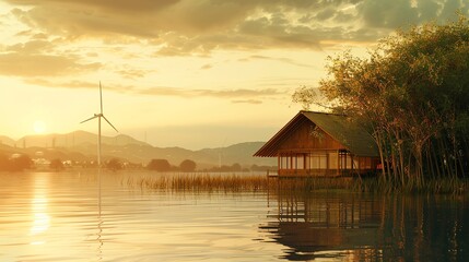 Fototapeta premium Bamboo house by serene lake, wind turbine in background, reflection on water, midshot, golden hour, natureinspired design