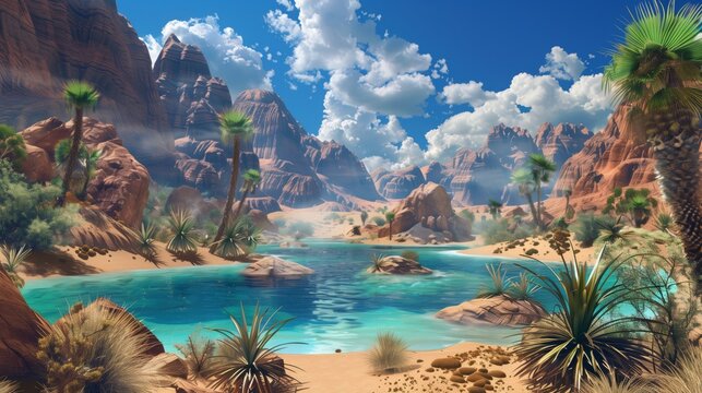 Desert Haven: A lush oasis thrives in the vast desert, offering vibrant contrast.