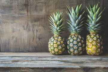 Three Fresh Pineapples on Wooden Table   Rustic Tropical Fruit Still Life