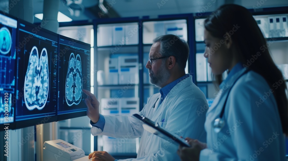 Aufkleber medical professionals are using advanced technology in a modern lab to analyze brain scans for preci