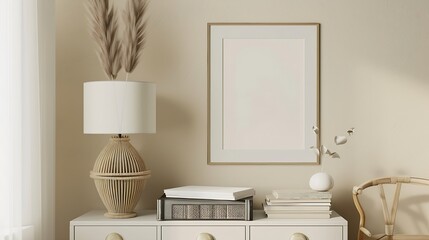 Modern living room home office Trendy round vase beige lamp and old books Blank picture frame mockup Bamboo table with white drawers Minimal Scandi boho interior home Beige wall backgr : Generative AI