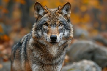 Gray wolf in front of rocks, high quality, high resolution