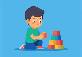 A boy is playing with blocks, and the blocks are in a stack