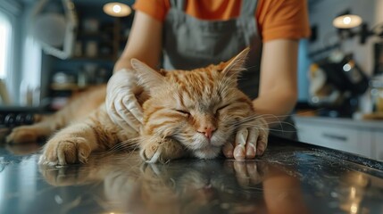 Calm and serene cat grooming scene in a pet salon, showcasing a relaxed cat and a caring groomer in a modern, professional setting