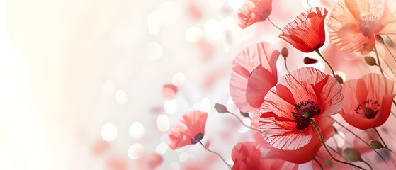 Gentle red poppies against a light, dreamy background with a sparkle and bokeh effect