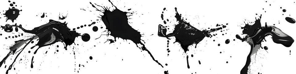 Graphic image of black ink splatters against a stark white background, capturing motion and fluidity