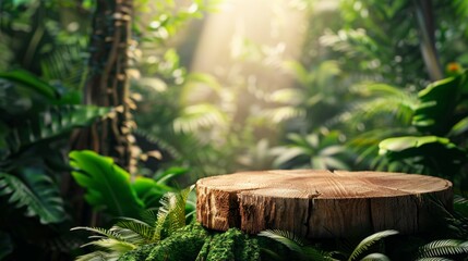 Wooden product display podium in jungle forest and sunshine shadow background. Product presentation theme. Nature and Organic cosmetic and food concept. © Natawut