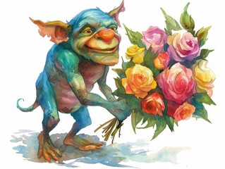 Bring whimsical charm to your project with a watercolor clipart of a mischievous troll holding a vibrant bouquet of roses Showcase it from a dynamic tilted angle view for a magical
