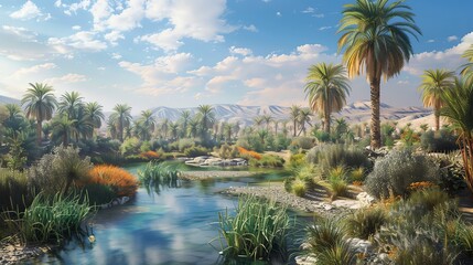 Obraz premium Desert oasis, date palms and diverse wildlife, crystalclear spring, midmorning light, wideangle shot, serene and vibrant