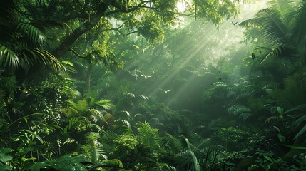 Dense rainforest canopy, various bird species, sunlight streaming through foliage, groundlevel shot, rich greens and dappled light, immersive and lush