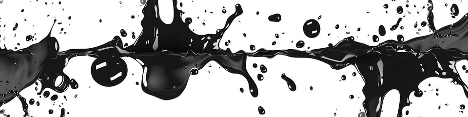 A fluid line of black ink splatter bisects the image, creating a sense of movement and disruption on a clean background