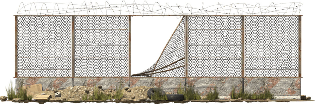 old damaged fence protective barricade barbed wire