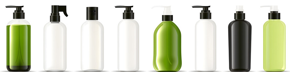 A variety of colorful pump dispenser bottles with different shapes for cosmetics, against a white backdrop