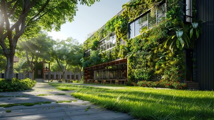 Fototapeta premium Ecofriendly school with green walls, natural ventilation system, openair classrooms, wideangle, sunny day, sustainable education