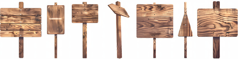 A collection of five different styled wooden arrow signs, each mounted on a wooden pole