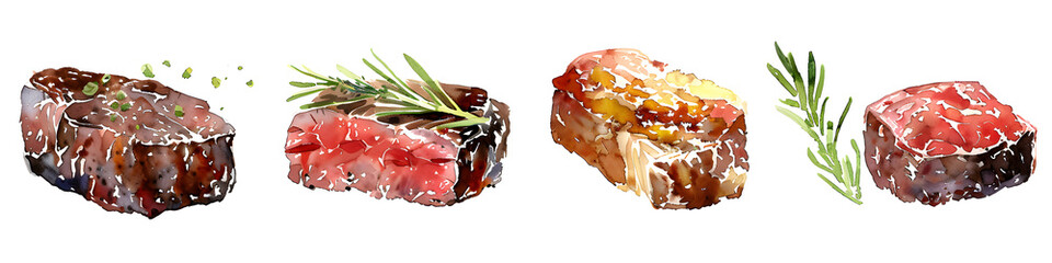 Four separate watercolor paintings of different sushi pieces adorned with herbs on white background