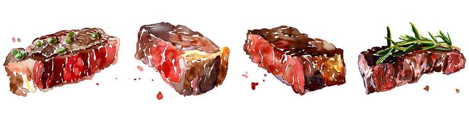Four different steak cuts illustrated in watercolor style, showcasing various cooking levels and herbs