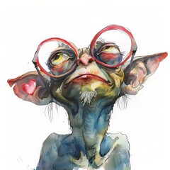 Illustrate a mischievous goblin looking up from an aerial perspective in a watercolor clipart Detailed heart-shaped glasses and whimsical features against a pure white canvas