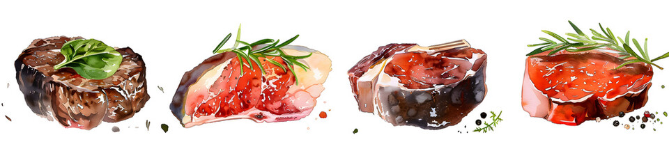 This image showcases a variety of steak cuts with artistic watercolor finishes and herb toppings