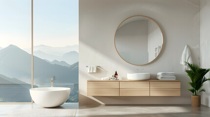 A serene minimalist bathroom with a round mirror, a freestanding tub, and a mountain view