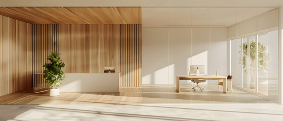 A peaceful office nook with a wooden design, white desk, and natural lighting casting soothing shadows