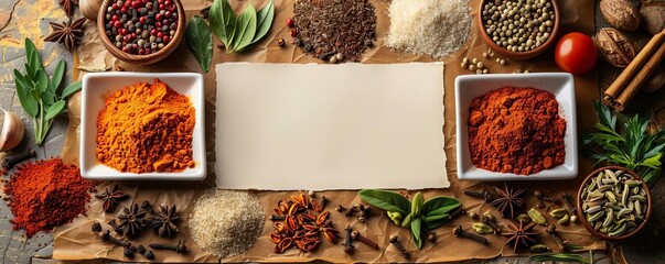 Empty canvas with a variety of spices around, perfect for culinary workshop announcements