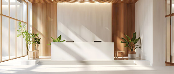 Modern lobby interior with wooden slats, large desk, and lush greenery under a bright light