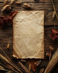 Obraz premium Empty note card with a backdrop of autumnal harvest like corn husks and wheat sheaves