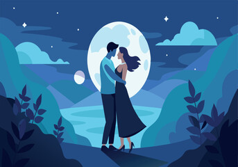 A couple is standing in front of a large moon