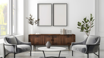 A contemporary room featuring a wooden sideboard and two blank picture frames above