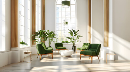 Bright and airy living area with high ceilings, tall windows, and an abundance of greenery