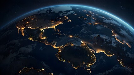 globe with a panoramic view of the planet Earth from space. Luminous city lights and soft clouds.