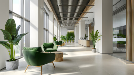 An office lobby featuring green chairs, large windows, and plant decorations for a fresh, modern look