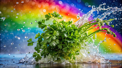 A dynamic photo showcasing the moment water splashes over a bunch of cilantro, with a rainbow background adding vibrancy to the scene.