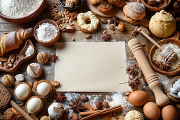 Note on a kitchen counter surrounded by an assortment of baked goods, suitable for recipe card designs - Powered by Adobe