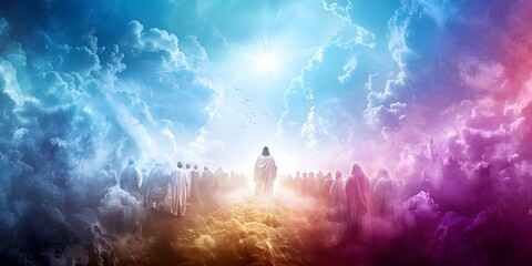 Jesus Christ Ascends to Heaven in the Presence of His Followers and God. Concept Religious Art, Christian Symbolism, Biblical Story, Spiritual Beliefs, Divine Presence