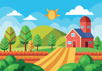 Fototapeta premium A farm scene with a red barn and a house