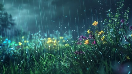 Rainy Night in Moonlit Meadow: A Dreamscape of Rainbow Flecks