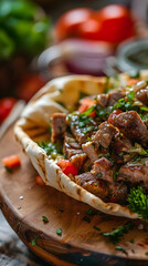 delicious shawarma with meat, onions and vegetables