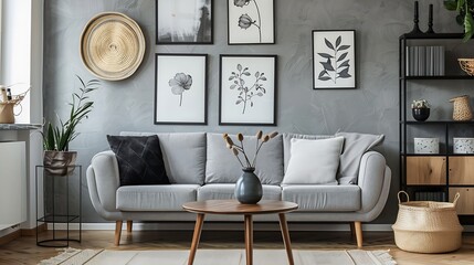 Table next to grey sofa in scandi living room interior with posters above cupboard Real photo : Generative AI