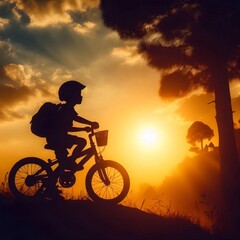 Obraz premium silhouette of a cyclist on sunset, Silhouette of a boy carrying a bag riding a bicycle on a white background.