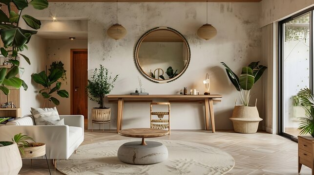 Modern and design home interior of open space with wooden desk coffee table sofa chair plants mirror macrame and elegant accessories Stylish and minimalistic home decor Template Bright : Generative AI - Powered by Adobe