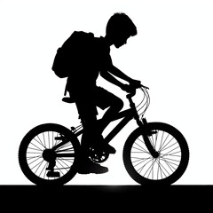 Naklejka premium Silhouette of a boy carrying a bag riding a bicycle on a white background.